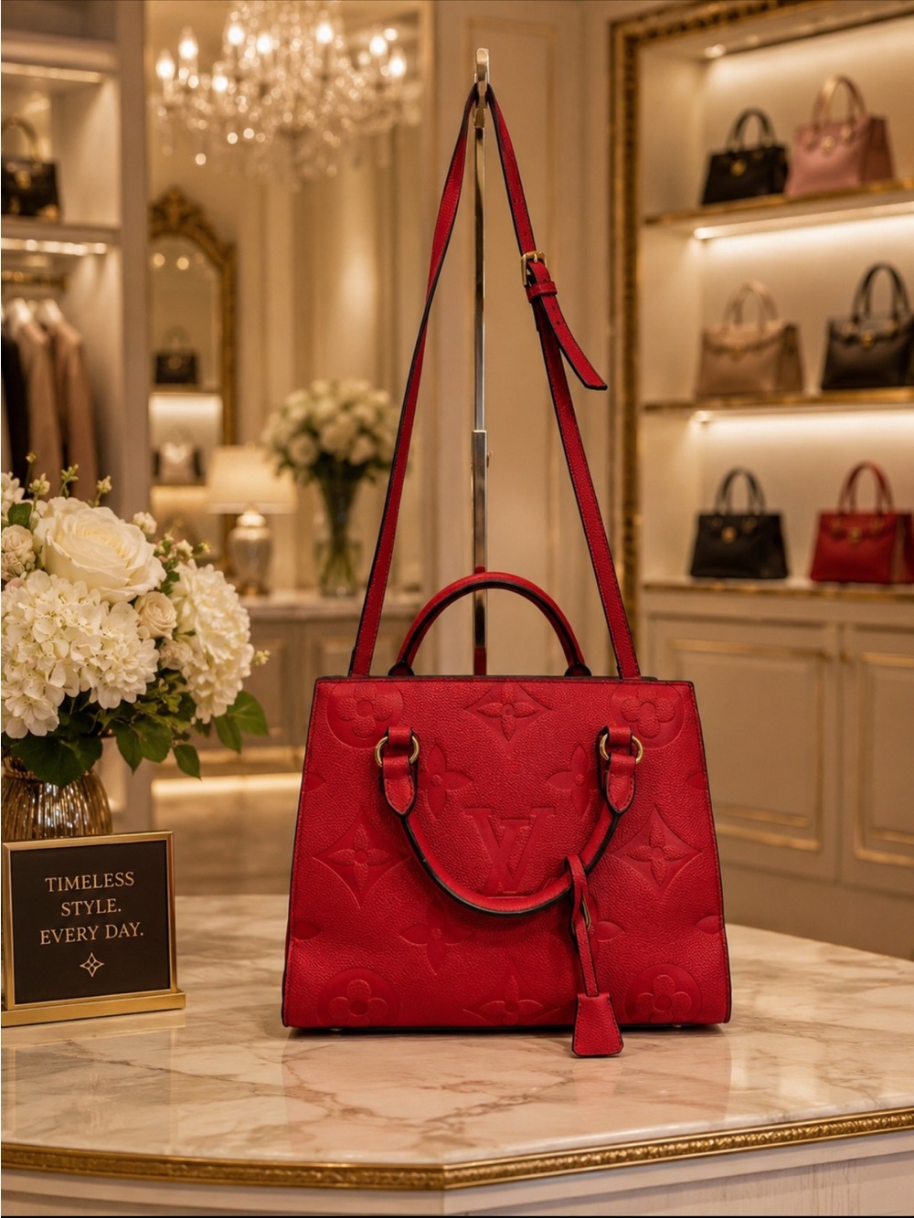 Red Embossed Leather Shoulder Bag with Top Handles